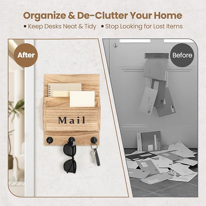 Lucundm Mail and Key Holder - Decorative 9.8" x 12.5" Wall Key Hanger with 2 Mail Organizer Slots and 3 Hooks - Real Paulownia Wood with Keyhole Brackets, Hardware and Instructions (Wood)