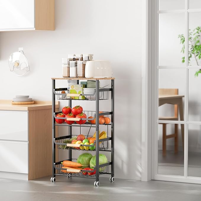 NiuYichee 5-Layer Fruit Basket Kitchen Food Organizer and Rack, Stackable Storage Cart with Desktop, Pull-Out Hollow Metal Basket, Wheeled Sorting Rack Spice Rack, Black