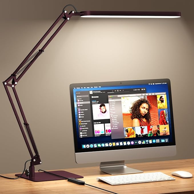 SKYLEO LED Desk Lamp with Slim Base - Adjustable Swing Arm Desk Light, Dimmable, Timer, Eye Protection, Memory Function, 1300LM, 12W, Red