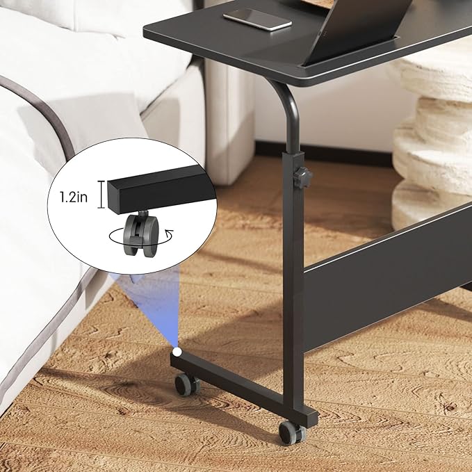 DlandHome Mobile Bed Table 31.5 Inch, Adjustable Side Table Laptop Computer Stand Desks with Tablet Slot Cart Tray Wheels,Black#2