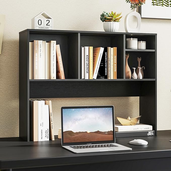 Tangkula Desktop Bookshelf, Countertop Storage Hutch with 4 Shelves for Computer Desk, Desktop 2-Tier Display Rack, Multipurpose Wood Desk Hutch Storage Organizer for Dorm Office Home (Black)