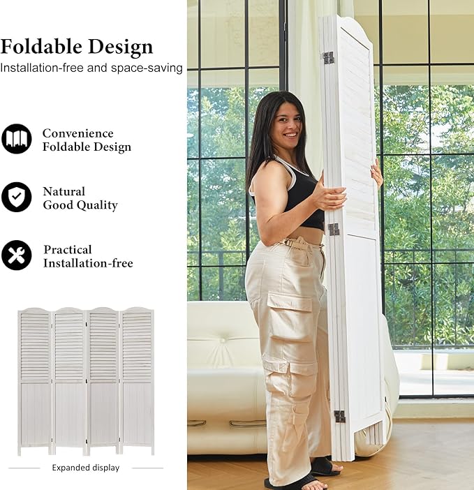 Room Dividers, 5.75Ft Individual Privacy Screens Foldable Wooden Louver & MDF Stable Wall Divider for Home Office Bedroom, 4 Panels (White-Washed)