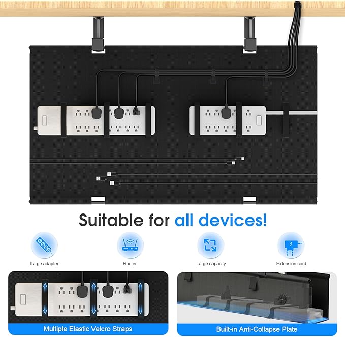 KIGJU Under Desk Cable Management Tray, 30-inch No-Drill Cord Organizer with Anti-Sag Reinforced Base, Fabric Wire Management Hider for Standing Desk, Office & Gaming Accessories - Black