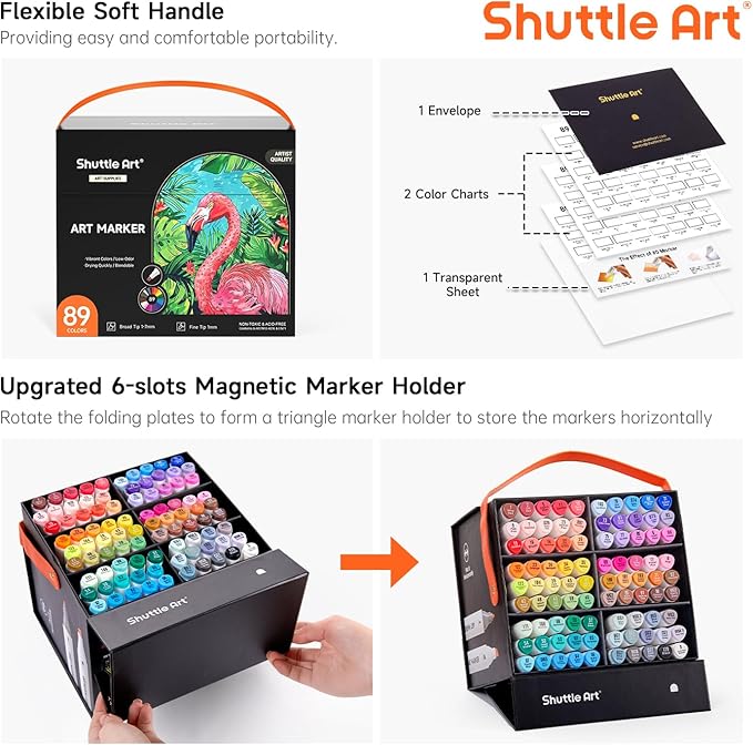 Shuttle Art 89 Colors Alcohol Markers, 88 Colors Dual Tip Art Marker Set Plus 1 Colorless Blender with Marker Case Perfect for Illustration Students Adult Coloring Sketching