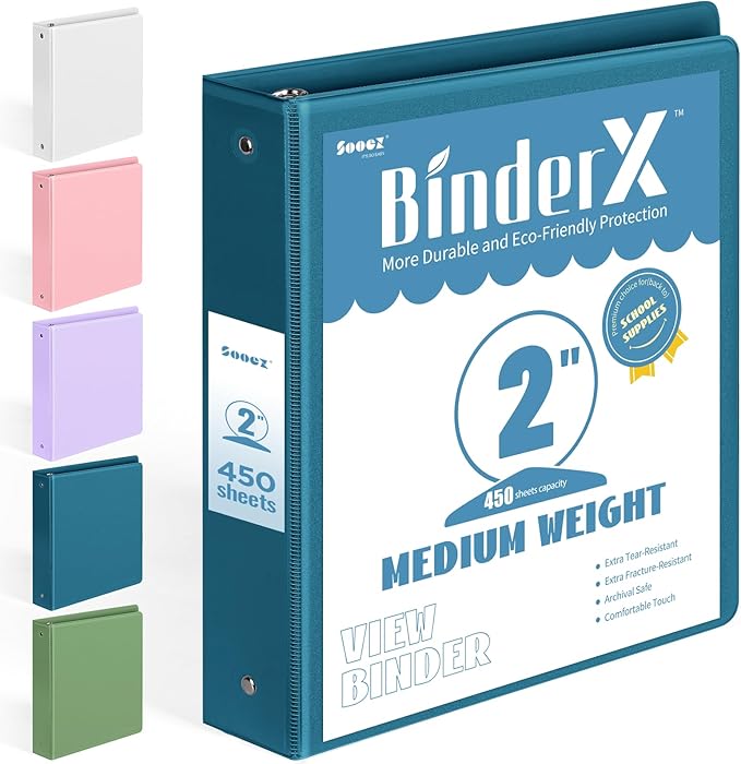 BinderX Extra Durable 3 Ring Binder, Round Ring 2 Inch Binders, Fits 450 Sheets of 8.5x11 Paper, Customizable View Cover with Inside Pockets, Cute 2" Binder, School Supplies for Girls, Navy Blue