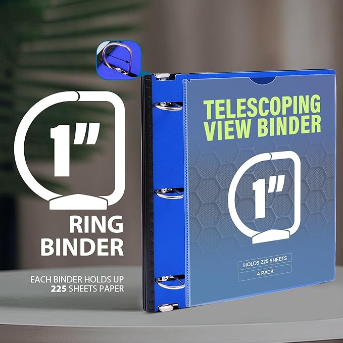 WOT I 1 Inch Telescoping 3 Ring Binder 4 Pack, Expandable Flexible Binder with Customizable Front Cover & Clear Catalog Pocket, Holds 225 Sheets, Assorted Colors, School Office Supplies