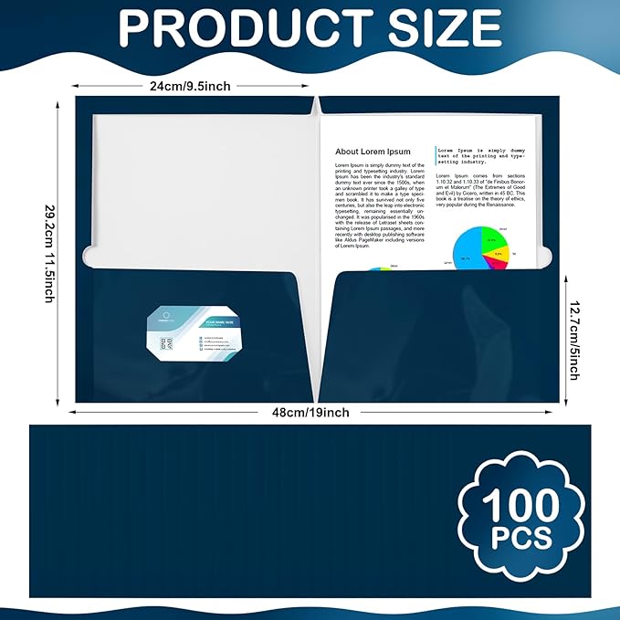 Yeaqee 100 Pack 2 Pockets Glossy Laminated Paper Folder First Day of School Presentation Folder Letter Size Two Pocket File Portfolio Holder Back to School Items Bulk for Teacher Office (Navy)