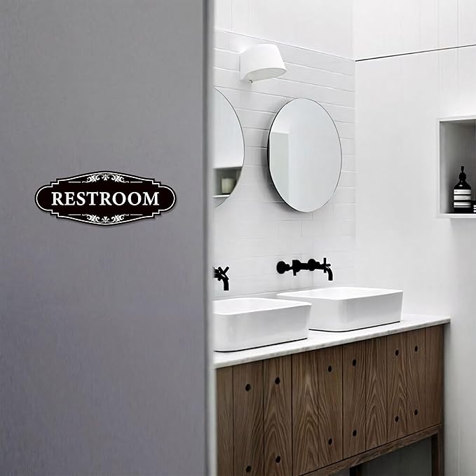 Restroom Sign for Business and Home，Self-adhesive Unisex Bathroom Sign Sticker，Waterproof Vinyl Toilet Decor for House，Office，Shop，Door（Black）