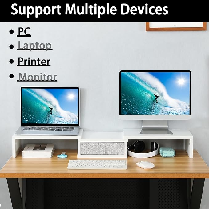 TEAMIX White Dual Monitor Stand Riser with Drawer - Length and Angle Adjustable Double Corner Desk Shelf Organizer 37 inch Long for 2 Laptop/PC/Screen/TV