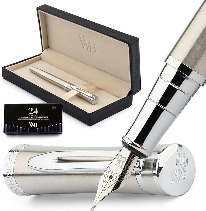 Wordsworth & Black Fountain Pen Set, 18K Gilded Medium Nib, Includes 24 Pack Ink Cartridges, Ink Refill Converter & Gift Box, Gold Finish, Calligraphy, [Silver Chrome], Perfect for Men & Women