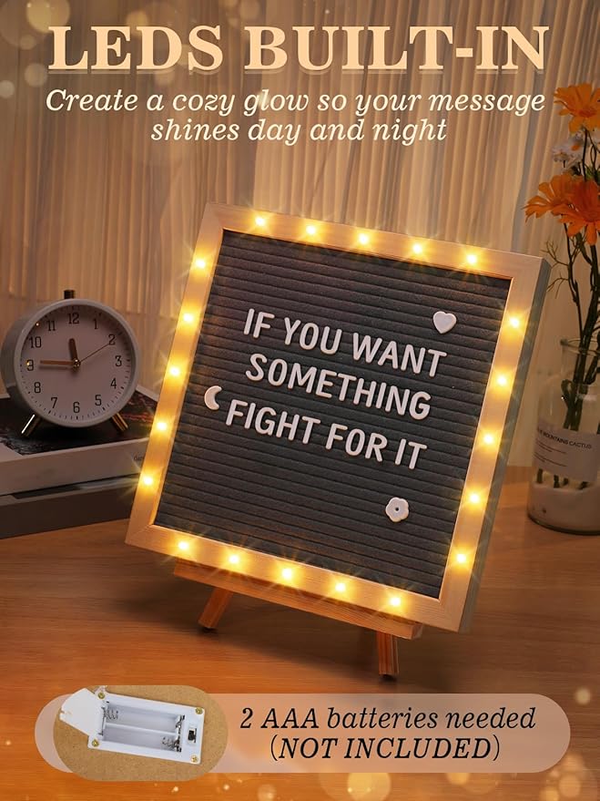 Changeable Felt Letter Board with LED Lights - 10×10" Message Custom Signs & Wood Stand & 450 Letters, Poster Board for Valentine's Day/Baby/Pregnancy Announcement/Classroom Wall Decor Gifts, Grey