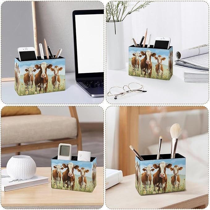 Famame Three Cows Flowers Field Pencil Holder for Desk, Leather Desktop Container Pen Cup Storage Study Table Pen Organizer Makeup Brush Holder for Classroom Office Home