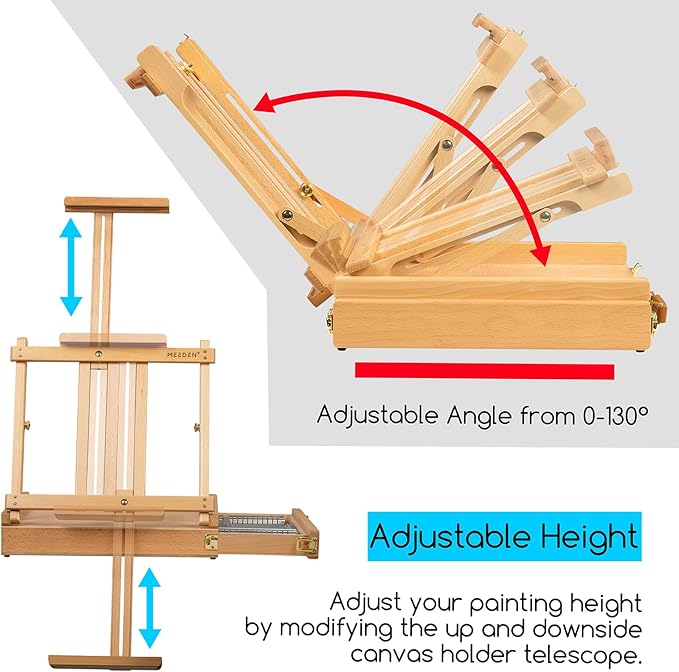 MEEDEN Studio Sketchbox Table Easel with Metal Lined Drawer - Adjustable Solid Beech Wood Tabletop Easel & Sketchbox Artist Easel with Storage, for Studio or Plein Air - Holds canvases up to 34" high