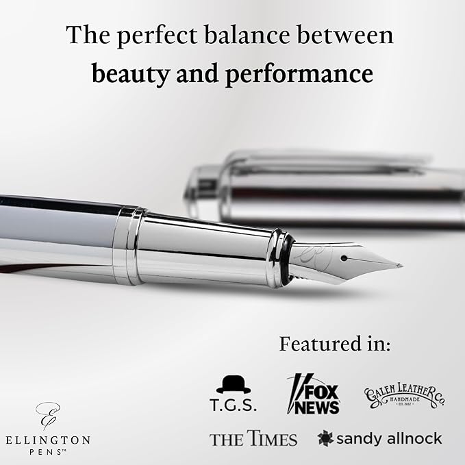 Ellington Pens Luxury Fountain Pen Set - Smooth Fine Nib- Includes 3 Ink Cartridges, Refillable Ink Converter, Gift Box- Fountain Pens For Writing, Calligraphy, Journaling, Sketching (Silver Sonata)