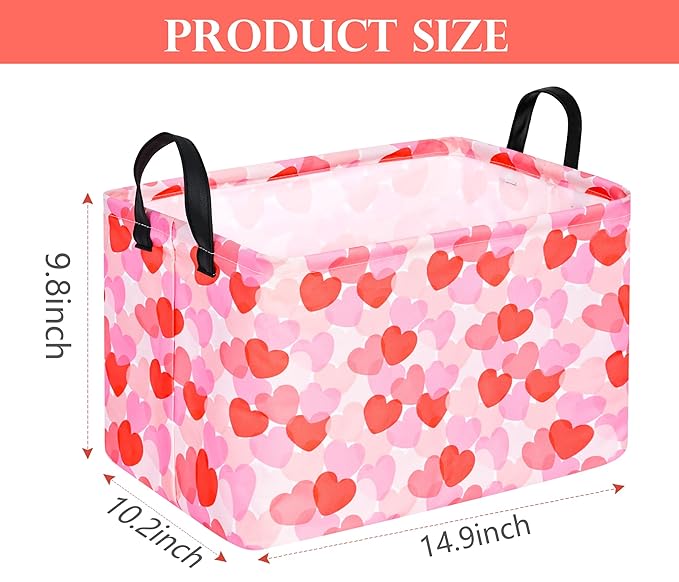 FUULOXE Rectangular Valentines Basket Storage Bin for Shelves Girls Gifts Baskets Foldable Box with Handles for Home Office Car Dormroom Valentine's Day Party Supplies