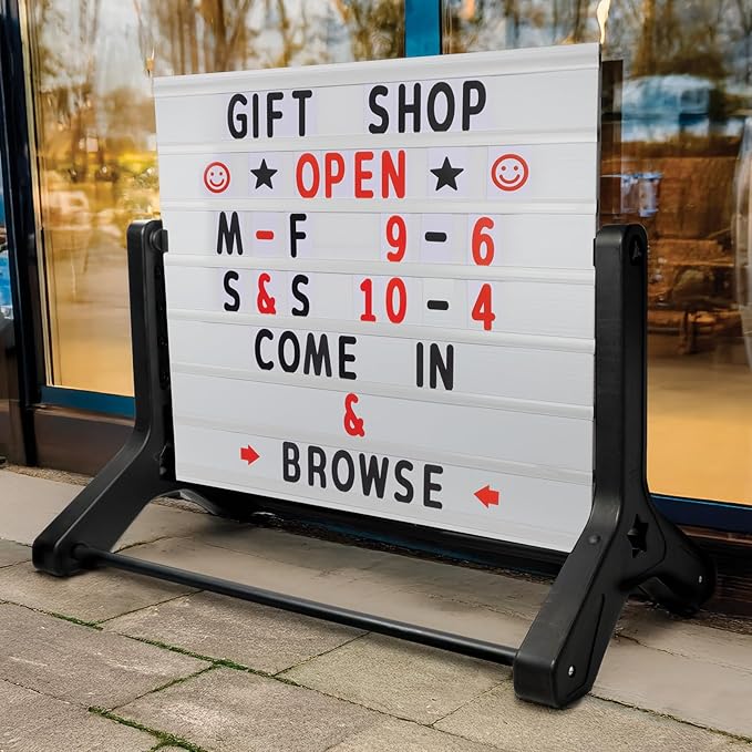 Swinging Changeable Message Sidewalk Sign: 36" x 48" Sign with 792 Pre-Cut Double Sided Letters and Storage Box. Includes Black Board & Letter Board (Black Color Legs)