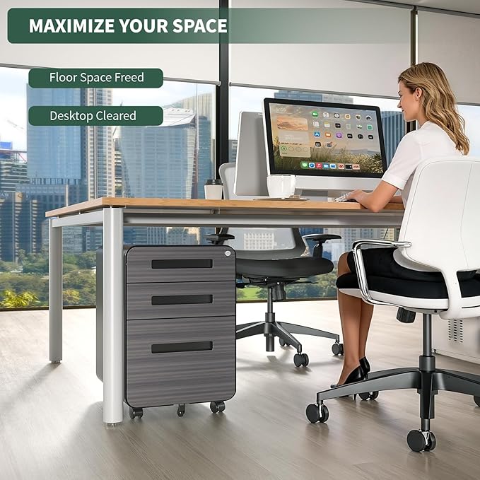 TEEALUBAN 3 Drawer Mobile File Cabinet with Lock,Rolling Under Desk Storage Organizer,Fits A4/Letter/Legal Files, Metal Frame with Wheels for Home & Office