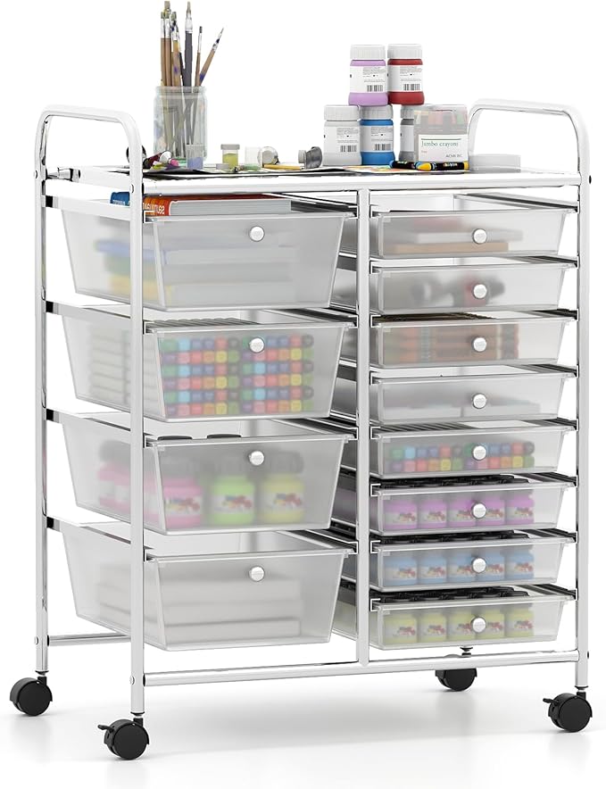 Giantex 12 Drawer Rolling Cart with Drawers, Storage Organizer Cart for Classroom Office School Teacher, Mobile Drawer Cart for Tools, Crafts, Small Printer, Clear