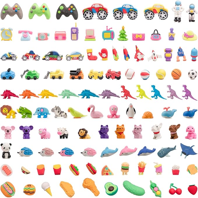 CLOCK KING 110pcs 3D Cute Kids Erasers, Random Desktop Pet Toys Gifts, Classroom Rewards Kids Party Gifts, Various Styles Such as Animals, Food, Plants, Space, Princess, Sports, Halloween, Christmas