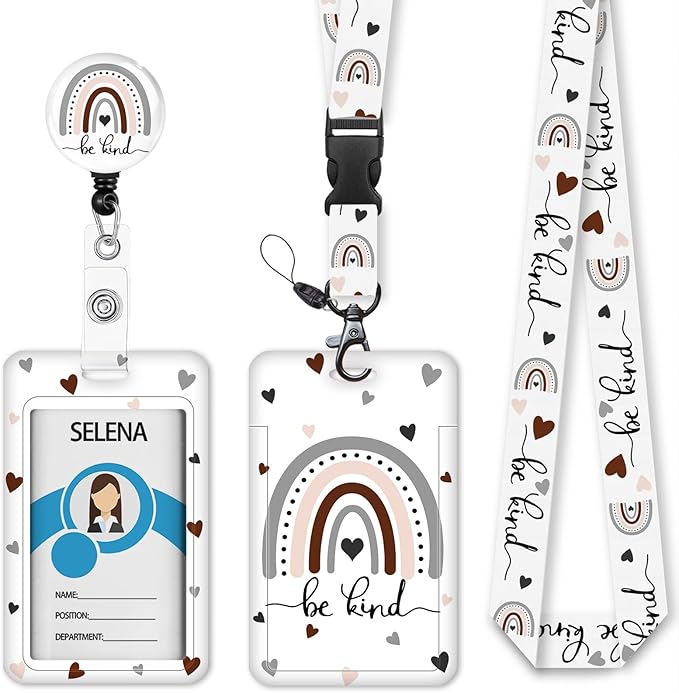 Grey Rainbow Badge Holder Retractable Lanyard, Lanyards for ID Badges Name Tags Vertical Card Holder, Detachable Lanyard Badge Reel Retractable, Teacher Nurse Workers Women Office Gifts