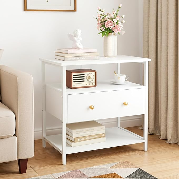 Edbuosy 27 Inch Wide Night Stand with Charging Station, Wood Nightstand with Open Shelf, Large Drawer Bedside Table for Living Room/Bedroom/Office (White)