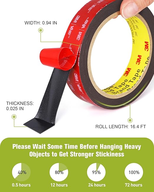 Double Sided Tape Heavy Duty, Mounting Tape, Waterproof Foam Tape, 16.4FT Length, 0.94 Inch Width for Car, LED Strip Lights, Home Decor, Office Decor, Made of 3M VHB Tape