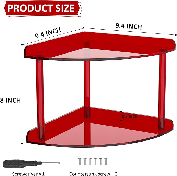 Sezanrpt 2 Tier Acrylic Corner Shelf Organizer Storage 9.5x9.5x8 Inch, Red Countertop Corner Shelf for Bathroom, Kitchen, Bedroom, Office, Study Room