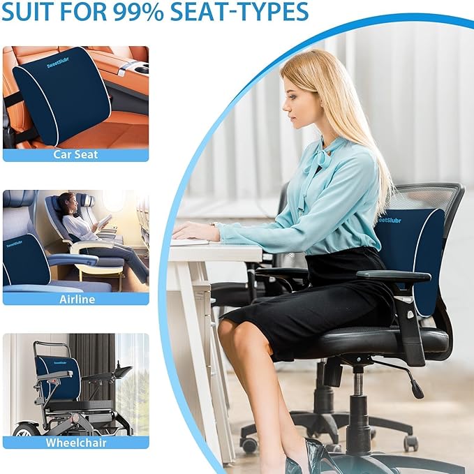 SweetSlubr Lumbar Support Pillow for Office Chair, Car Seats and Home Desks, Ergonomic Back Support with Double Adjustable Straps, Machine Washable Cover, Gray