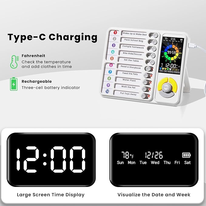 3-in-1 Visual Timer & ADHD Tool for Kids and Adults, 12/24H Silent Task Timer with Chore Chart, Visual Schedule for Children with Autism, Daily Checklist with Pomodoro Timer, Alarm Clock - White
