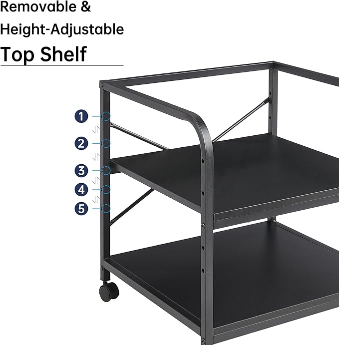 Fannova 2 Tier Under Desk Printer Stand with Storage, 20 Inches Deep Large Printer Table with Height Adjustable Shelf, Rolling Printer Cart with Wheels for Home Office - Black
