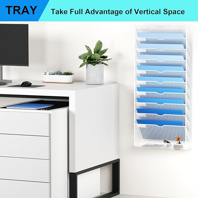 GDINDINFAN Hanging Wall File Organizer 10 Tier Wall Mounted File Holder Document Wall Organizer Magazine Organization for Office Home, White