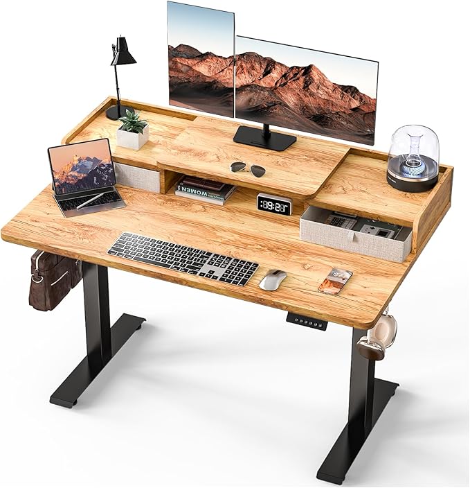 Kingant 48 x 30 Inch Electric Standing Desk with Dual Drawers, Adjustable Height Computer Desk for Home Office, Large Workstation Sit Stand Up Desk with Built-in Storage Shelf, Light Rustic Brown