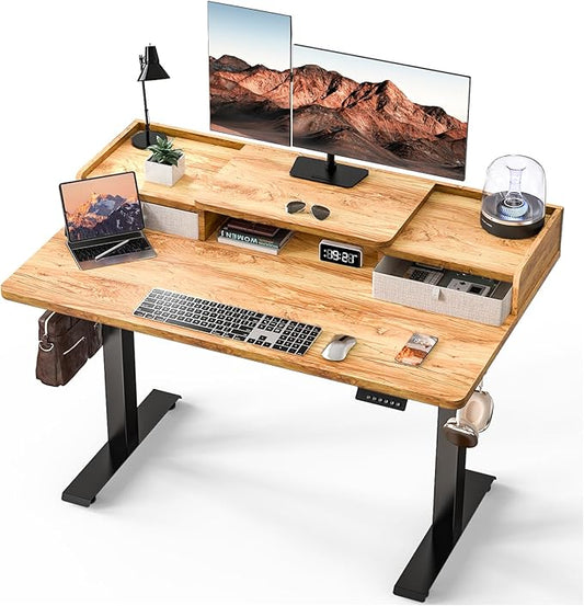 Kingant 48 x 30 Inch Electric Standing Desk with Dual Drawers, Adjustable Height Computer Desk for Home Office, Large Workstation Sit Stand Up Desk with Built-in Storage Shelf, Light Rustic Brown