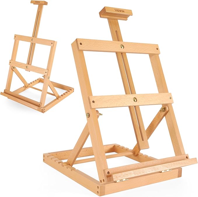 VISWIN Heavy-Duty Table Top Easel for Painting, Adjustable Beech Wood Tabletop Easel, Hold Canvas up to 23”, Portable Art Desktop Easel Stand for Adults, Artists, Beginners – Natural