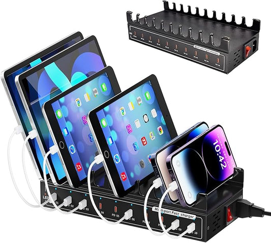 200W Charging Station,Charger with 10 USB C Ports, Stations for MacBook, iPhone, Android Cell Phone, iPad, Tablet, Family Multi-Device Organizer Charging Dock