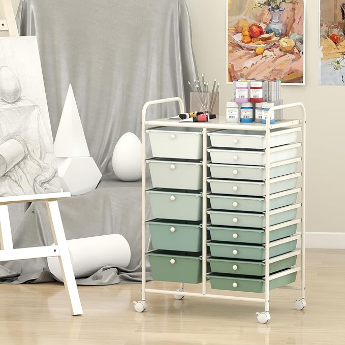 LDAILY 15 Drawer Rolling Storage Cart, Rolling Cart with Drawers for Classroom, Art Supply Craft Organizer on Wheel with Metal Frame & Handles for Home Office School (Gradient Green, 15 Drawer)