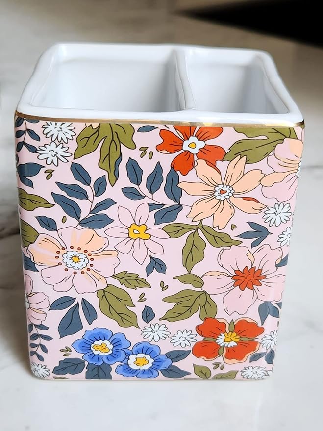 LEAZUL Pen Pencil Holder, Makeup Brush Holder,Ceramic Remote Control Holders Organizer with 2 Compartment Floral Multi-functional Office Organizers Storage Caddy Desk Tv Remote Holders Pink Flowers