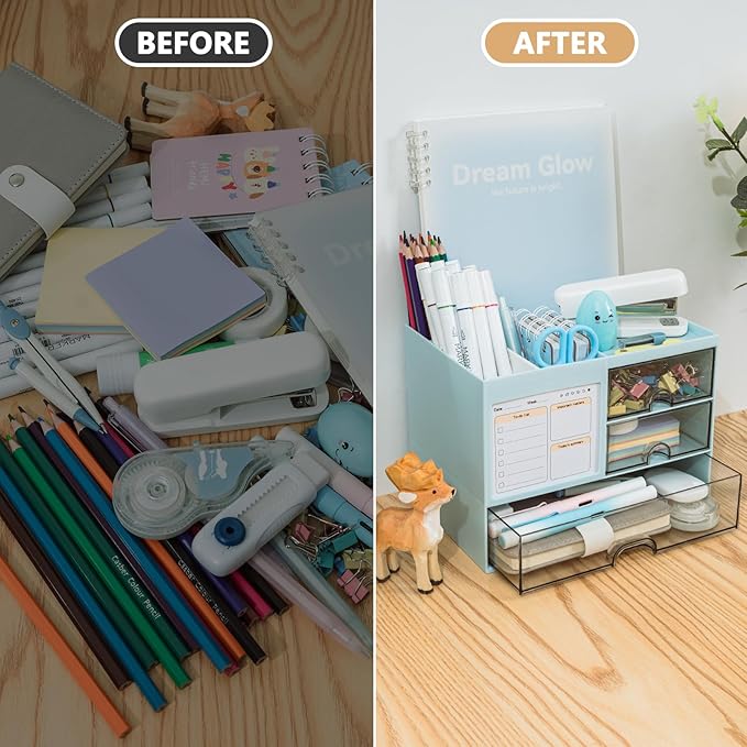 QIYVLOS Desk Organizer with 3 Drawer, Multi-Functional Pencil Pen Holder for Desk, Desk Organizers and Storage with 8 Compartments, Desktop Organizer for Office Home Art Supplies (Blue)