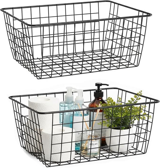HDYOUDO Metal Black Large Wire Basket Food Storage Organizer,pantry organizers and storage for Organizing Kitchen Cabinets potato onion, 2 Pack