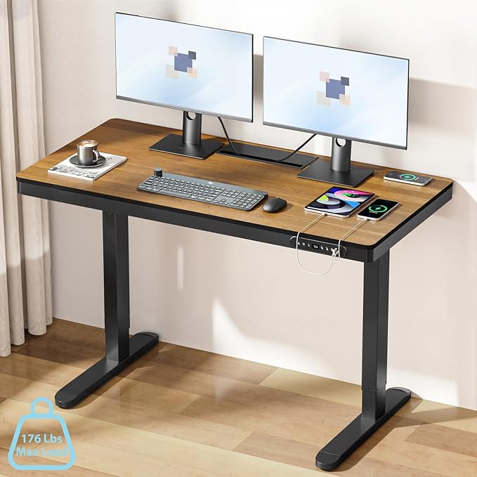 ERGO COLLECT Electric Standing Desk 48 Inch - One-Piece Desktop with Drawer, Cable Management, Wireless Charging & USB Port, Quiet Motor - for Home Office, Walnut