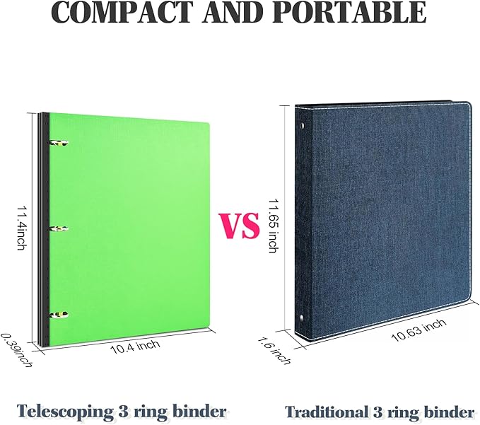INFUN Telescoping 3 Ring Binder, Portable Plastic 0.75 inch 3 Ring Binder with Telescoping Spine and Foldable Front Cover Holds 8.5" x 11" Paper for School,Office and Homes-Green