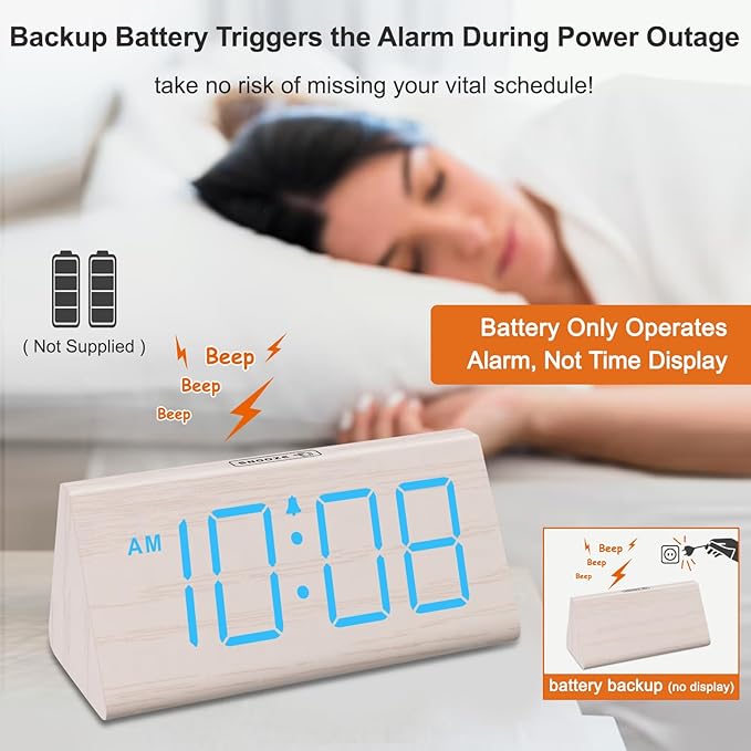 DreamSky Wooden Digital Alarm Clocks for Bedrooms - Electric Desk Clock with Large Numbers, USB Port, Loud Alarm for Heavy Sleepers, Adjustable Volume, Dimmer, Snooze, DST, Wood Décor, Adapter Powered