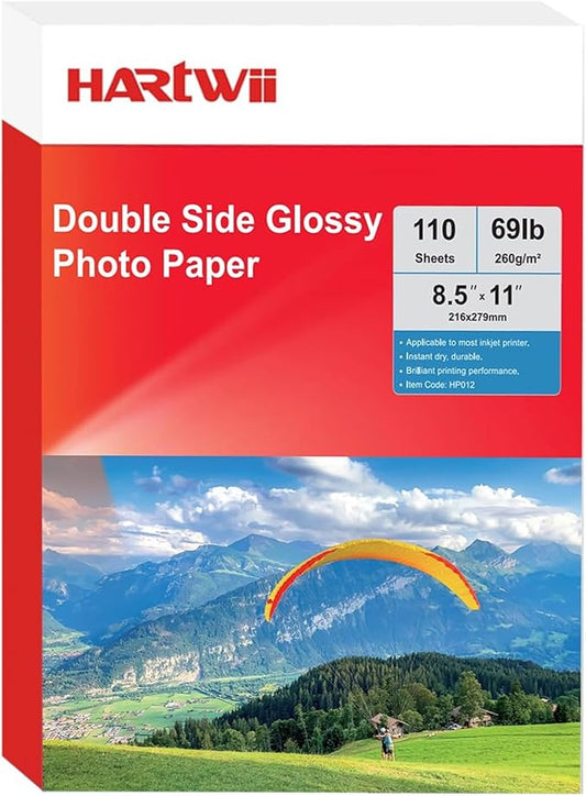HARtwii 110 Sheets Thick Double Side Glossy Photo Paper 8.5x11 Inches 69lbs for Inkjet Printers and Dye Ink 260Gsm Suitable for Inkjet Printing Printer