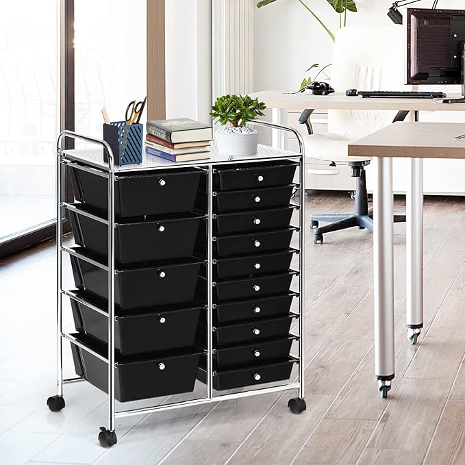 GLACER 15 Drawers Rolling Cart, Storage Cart with w/Removable Drawers & Steel Frame, Multipurpose Organizer Cart w/Sleek Handle, Utility Cart on Lockable Wheels for Home, School, Office (Black)