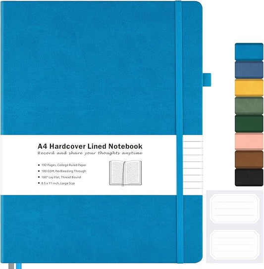 College Ruled Notebook, A4 Hardcover Leather Notebook for Work, Lined Notebook Journal for Women, Men, 192 Thick Paper, 8.5" x 11", Large Notebook with Pockets, Professional Business Notebook, Navy