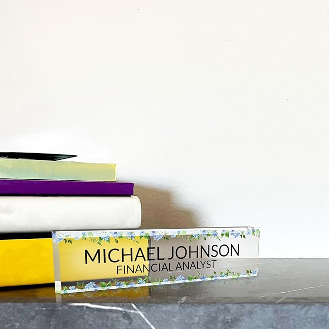 Signs ByLITA Floral Pattern Customized Nameplate | Wild Blue Personalized Full Color Acrylic Desk Sign