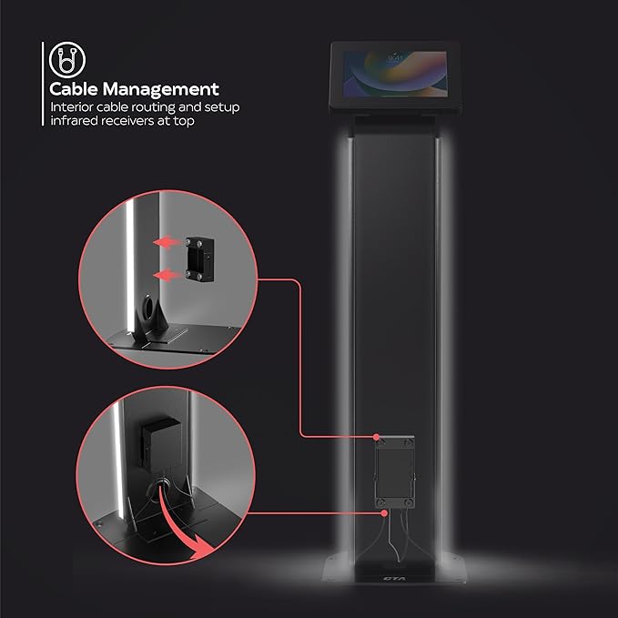 Kiosk Floor Stand with Led Lights - CTA Locking Kiosk Stand W/Led Lights Add On - for iPad 11 (A16) - Pro 11-inch M4 - Air 11-inch M3- iPad 10th Gen - Galaxy Tab & More Tablet - Black (PAD-LEDPARAF)