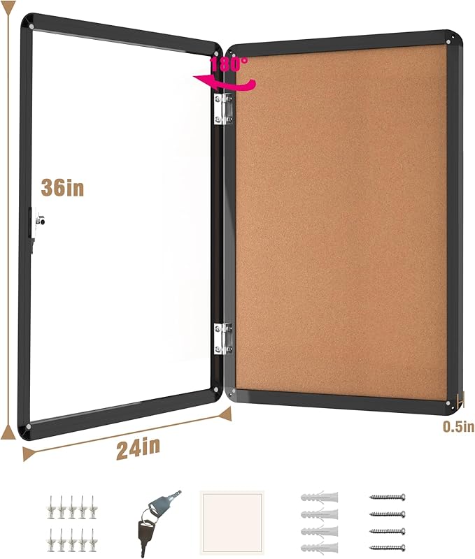 Mifuro 36"x24" Enclosed Bulletin Board, Lockable Weather-Resistant Aluminum Cork Noticeboard for School & Office, Black Frame w/Cork