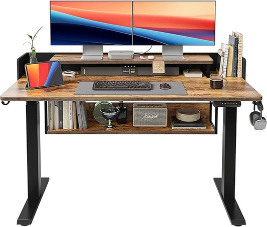 FEZIBO 55" Electric Standing Desk with Shelves, 55 x 24 Inch Sit Stand Rising Desk with Monitor Stand and Storage, Ergonomic Home Office Computer Desk, Rustic Brown