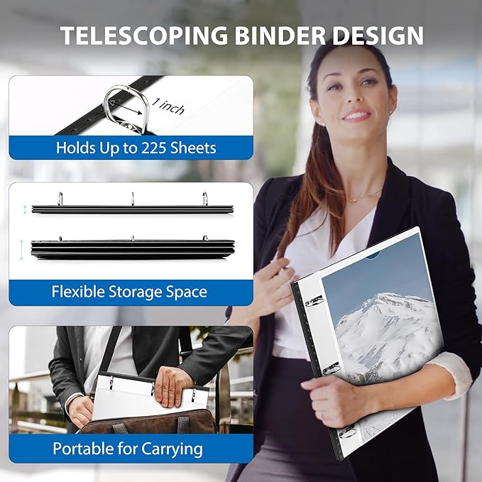MAKHISTORY 12 Pack Telescoping 3 Ring Binder 1 Inch, Flexible Thin Binder with Customized Front Cover, Holds Up 225 Sheets, School Office Supplies, White